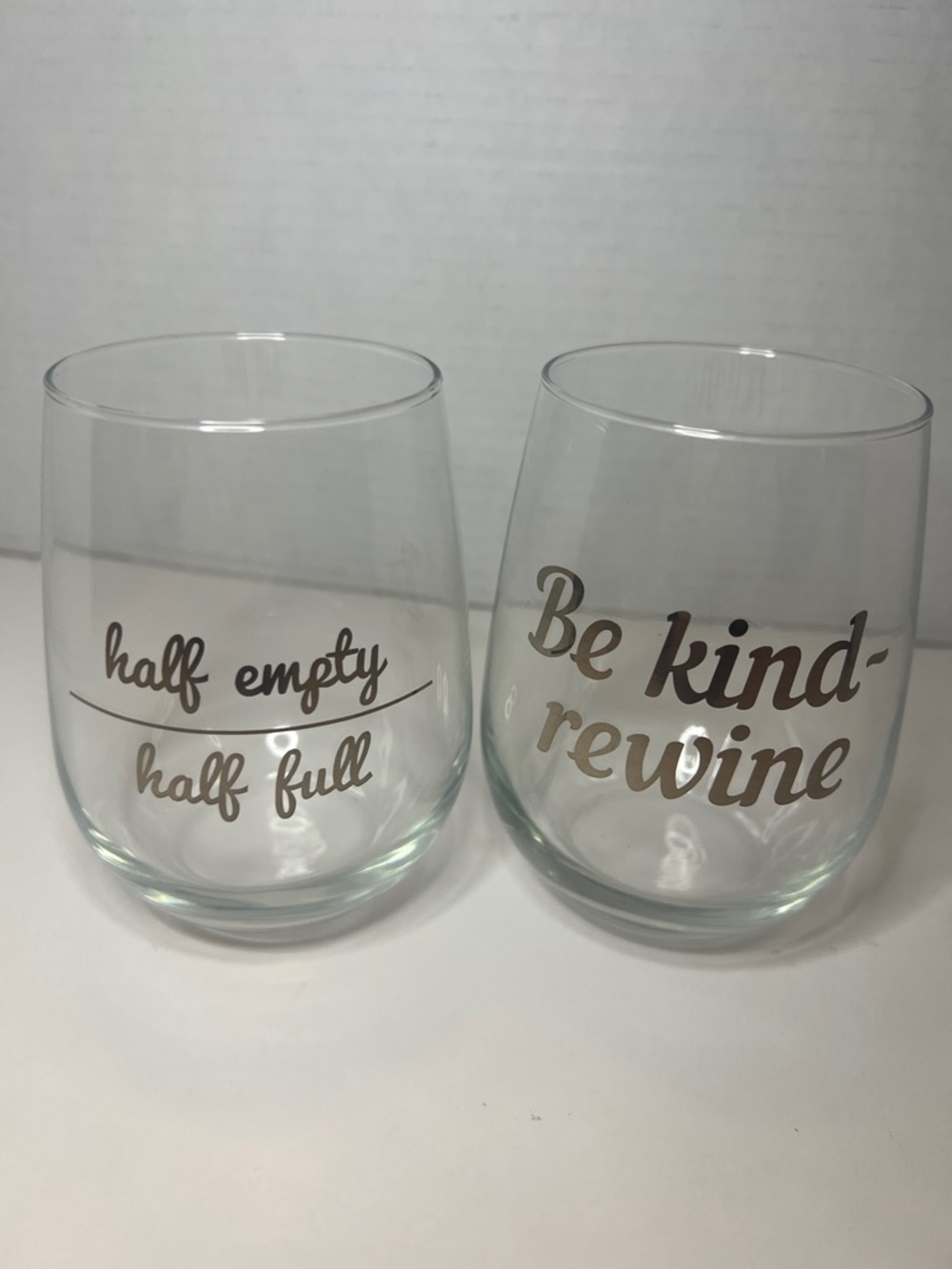 Set of 2 Stemless Wine Glasses 16oz Be kind - rewine & half empty / half full
